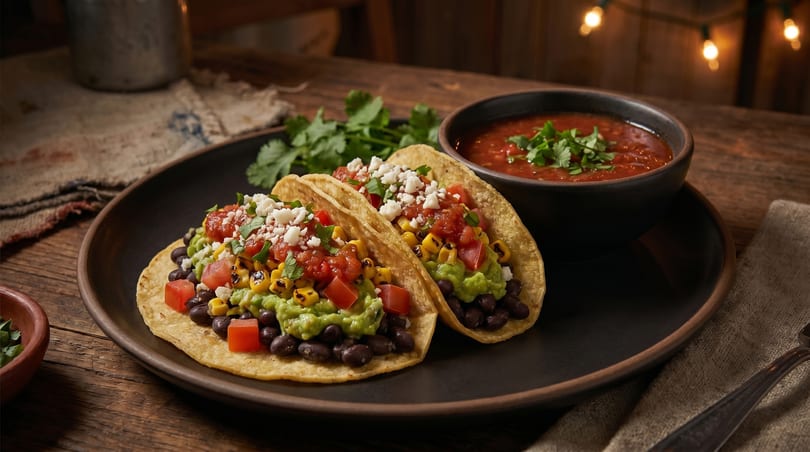 Two vibrant tacos with black beans, guacamole, corn, tomatoes, and cheese, served with salsa.