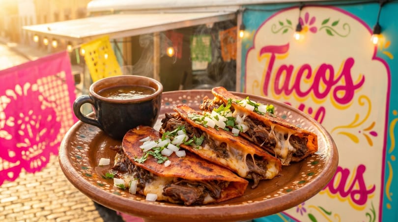 Steaming birria tacos with melted cheese, onions, and cilantro, served with consommé at a taco stand.