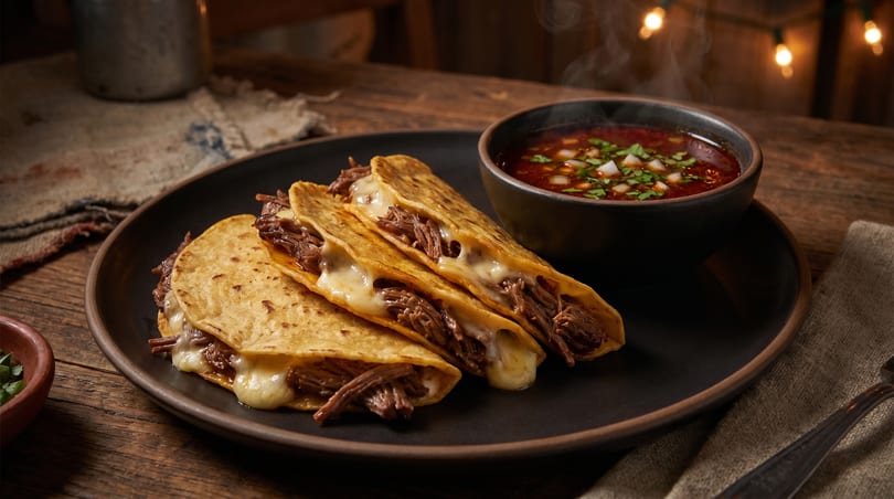 Three cheesy birria tacos with a side of consommé on a rustic wooden table.