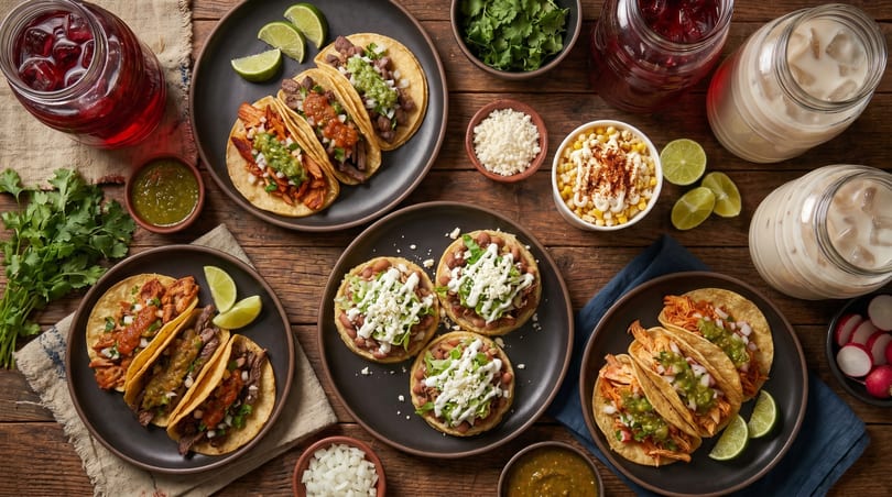 A vibrant spread of Mexican dishes, including tacos, sopes, esquites, and drinks on a wooden table.