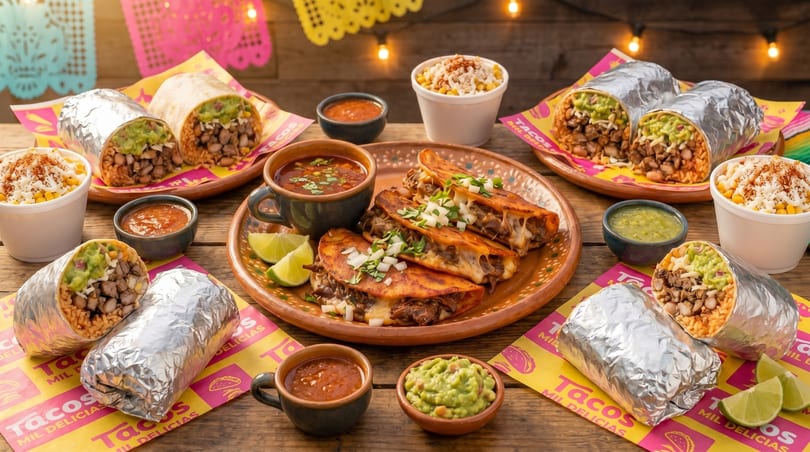 A vibrant spread of Tacos Mil Delicias birria tacos, burritos, elote, and dipping sauces on a wooden table.
