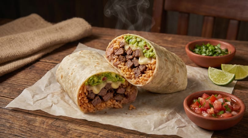 Two steaming burritos, cut in half, revealing steak, rice, beans, guacamole, and cheese sauce.