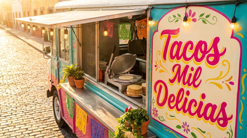 A colorful Tacos Mil Delicias food truck on a cobblestone street at sunset, with a tortilla press inside.