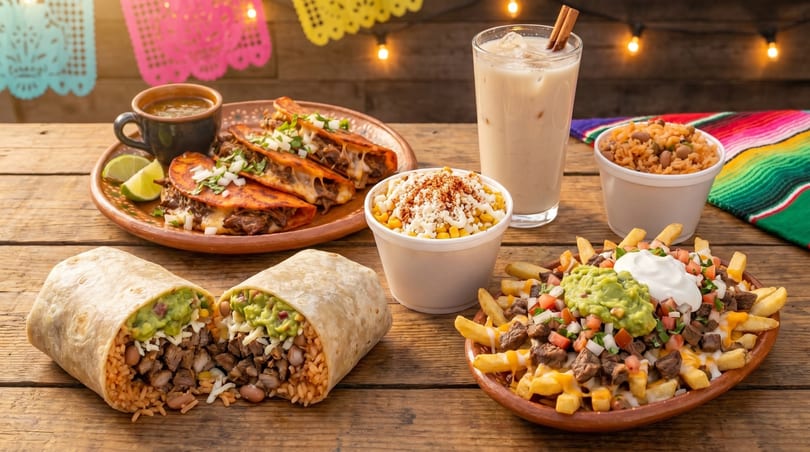 A wooden table laden with various Mexican dishes, including tacos, a burrito, elote, and carne asada fries.