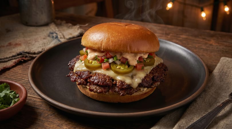 Steaming smash burger with melted cheese, jalapeños, pico de gallo, and sauce on a dark plate.