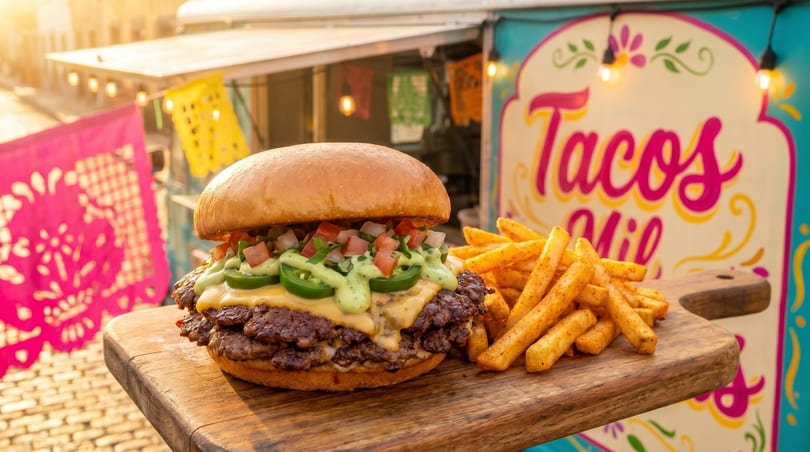 A double cheeseburger with jalapeños, pico de gallo, and green sauce, served with fries.