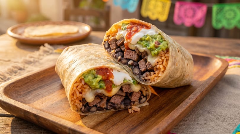 Two halves of a large burrito filled with steak, rice, beans, guacamole, sour cream, and salsa.
