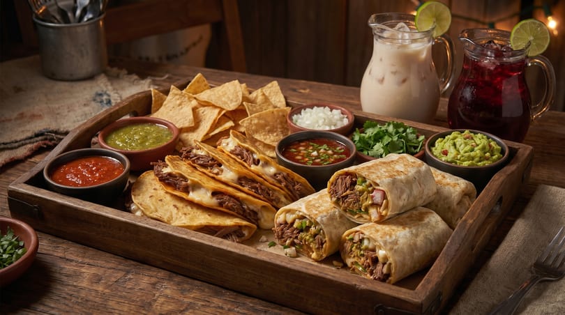 A wooden tray filled with burritos, tacos, tortilla chips, guacamole, salsa, and drinks.